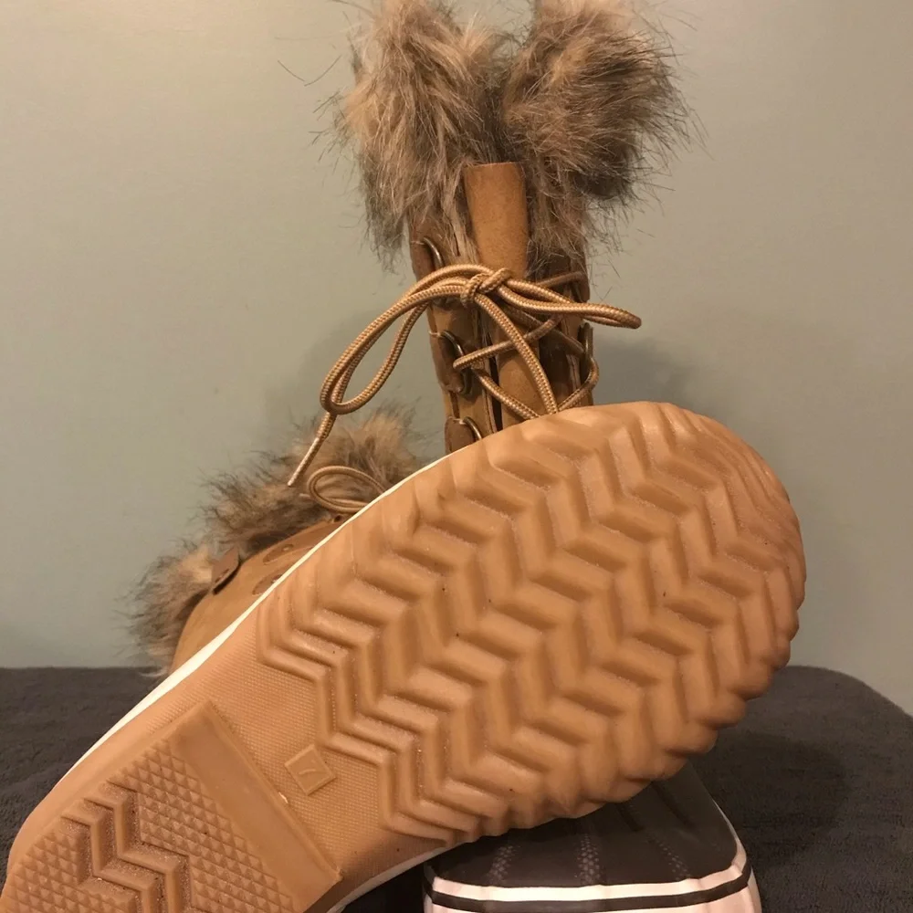 JBU Women's Brown Tan Fur-Trim Winter Rain Boots